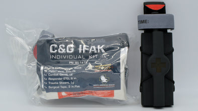 C&G Training Individual First Aid Kit shown with C&G Universal tourniquet holder and North American Rescue Gen 7 CAT.